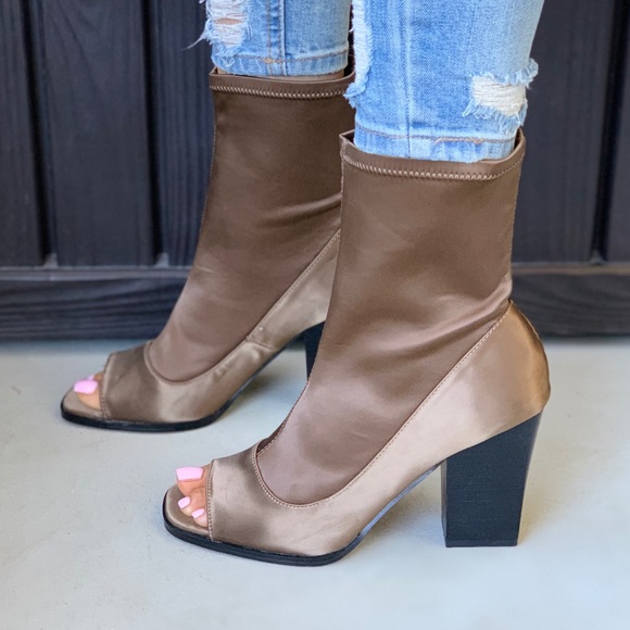 Bronze Sayre Satin Block Heel Sock Ankle Boots - Picture 1 of 8